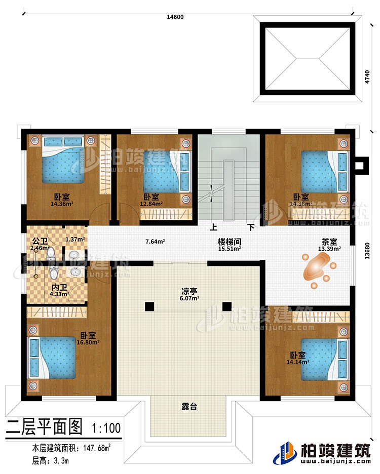 二层：楼梯间、茶室、凉亭、5卧室、公卫、内卫、露台