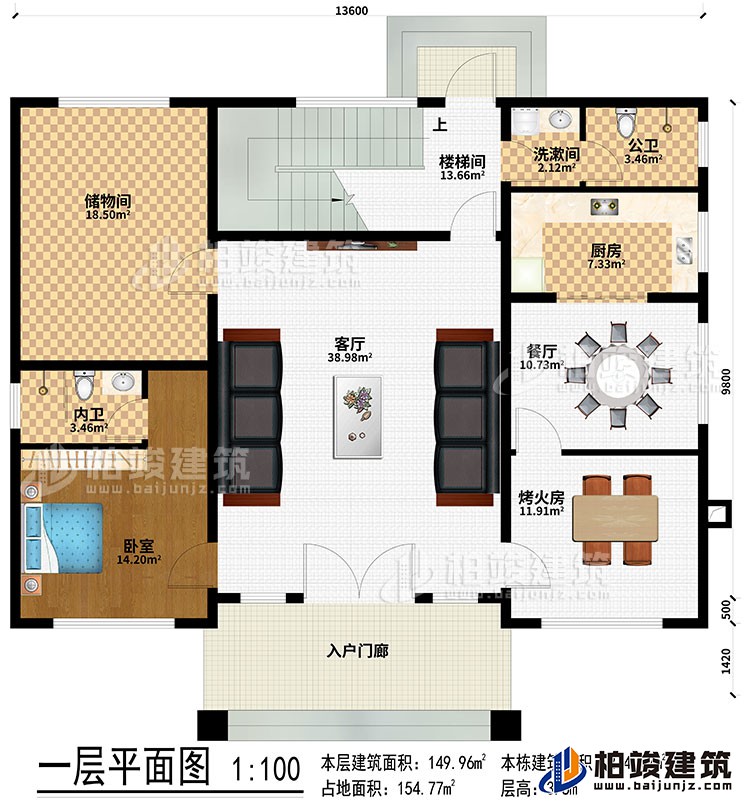 一层：入户门廊、客厅、楼梯间、储物间、厨房、餐厅、烤火房、公卫、洗漱间、卧室、内卫